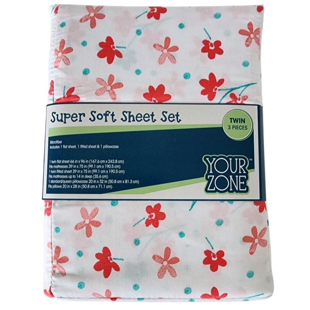Your Zone Super Soft Sheet Set Twin 3- Piece Red & White Floral Microfiber NEW - Picture 2 of 4